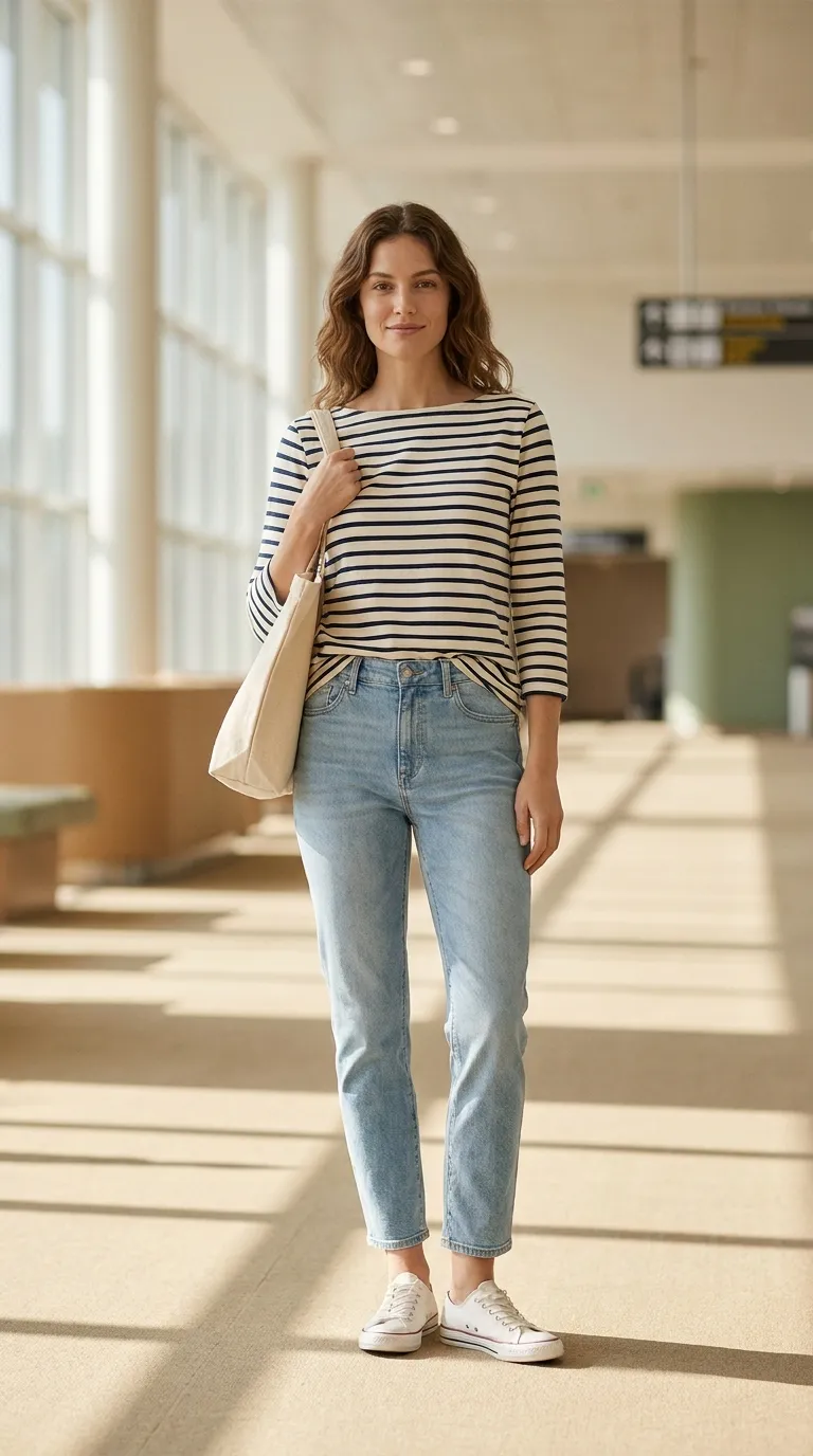 Navy and cream striped top, mid-rise jeans, and white canvas sneakers arranged flat with a canvas tote