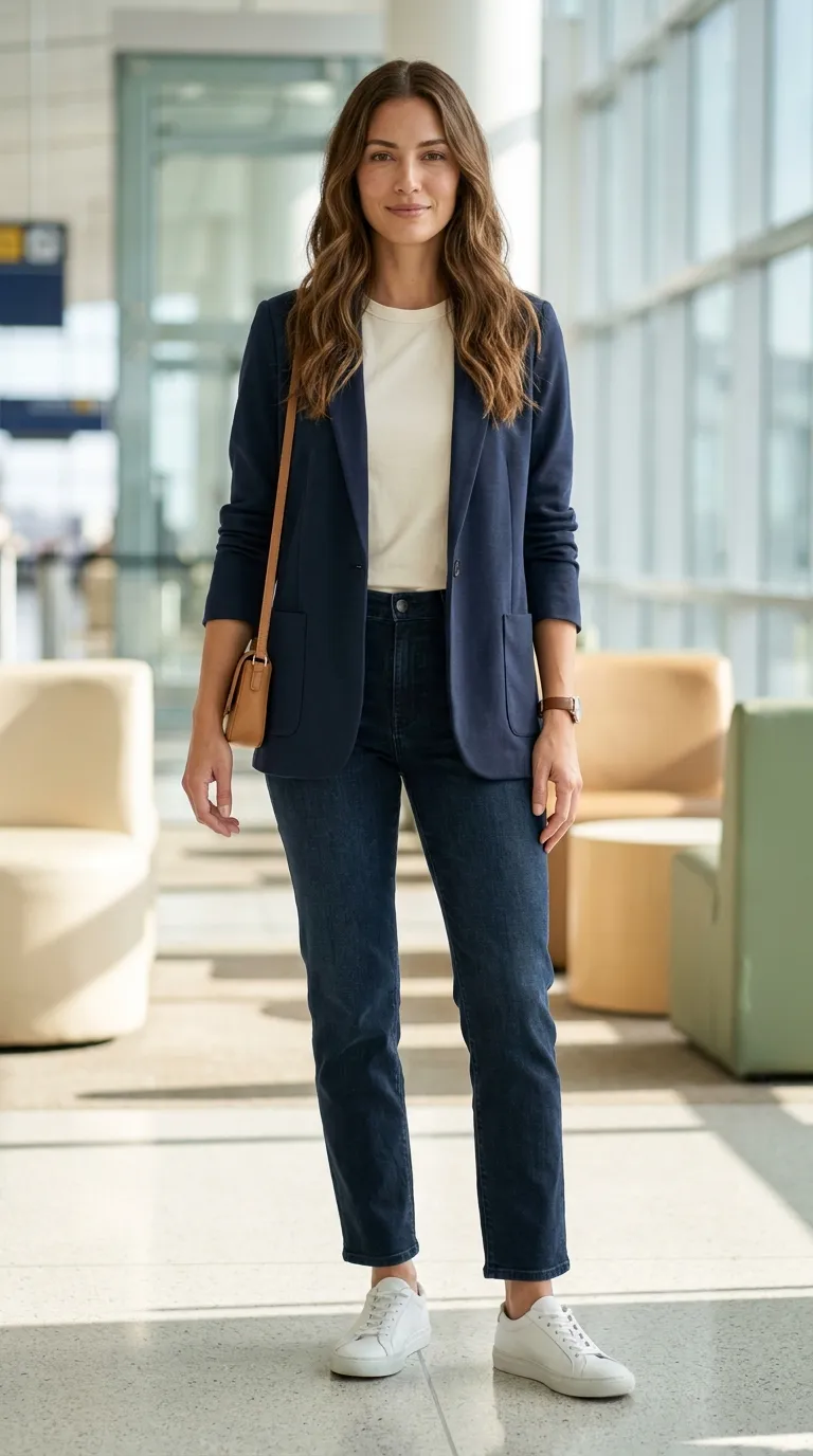 Navy unstructured blazer, cream tee, dark jeans, and white leather sneakers arranged flat with a small leather bag