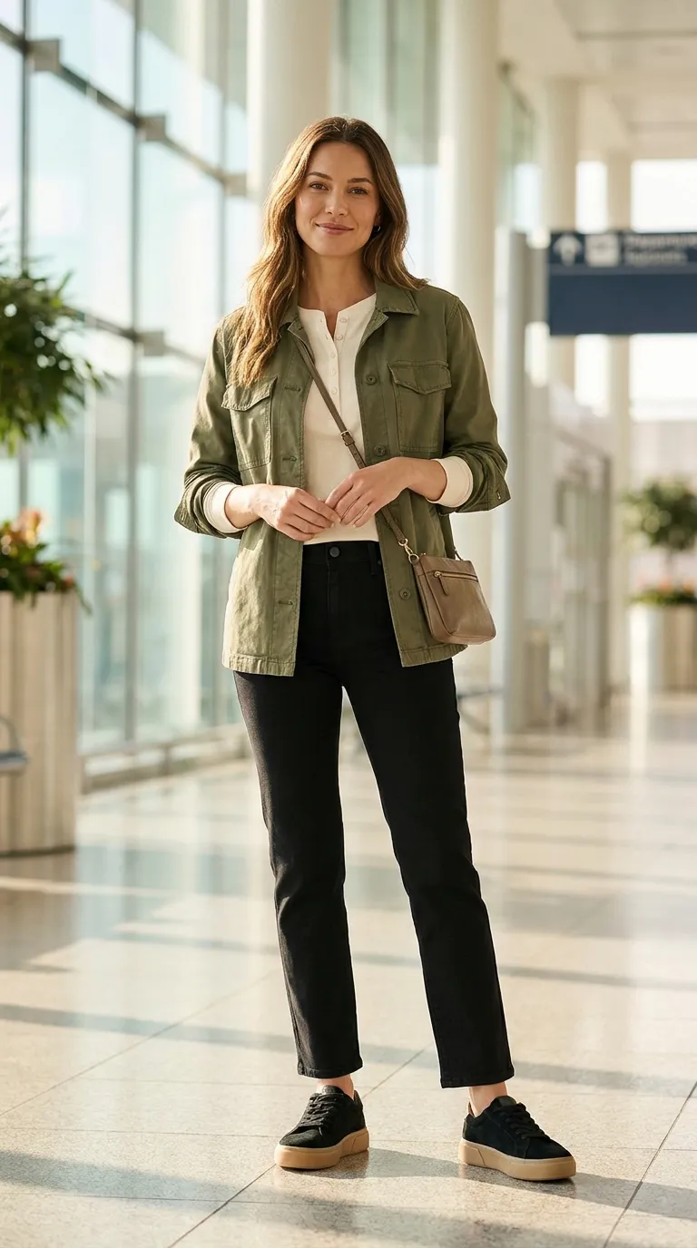 Cream henley, olive utility jacket, black jeans, and black sneakers arranged flat with a zip-top crossbody
