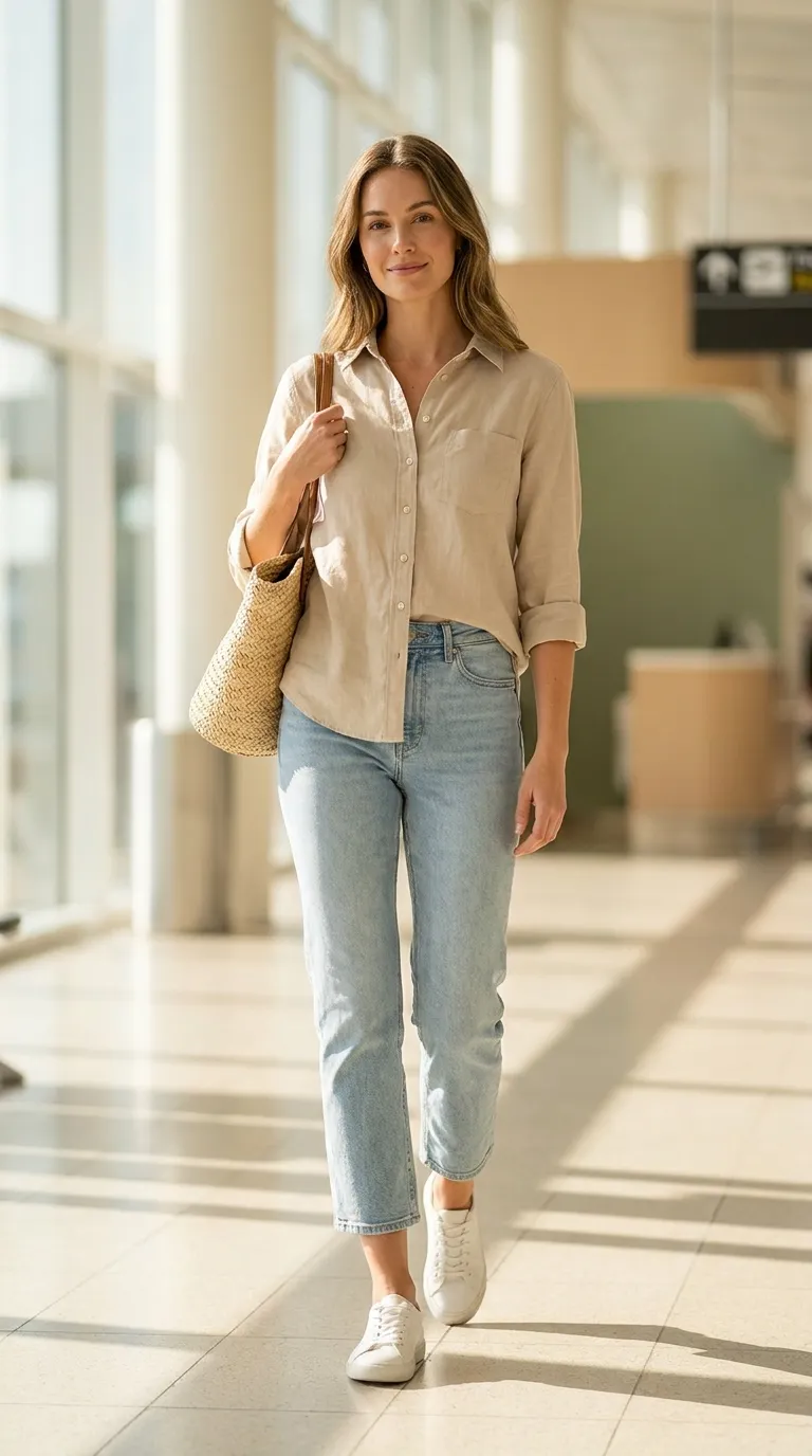 Sand linen-blend shirt, cropped straight jeans in a light wash, and white low-profile sneakers arranged flat with a straw tote