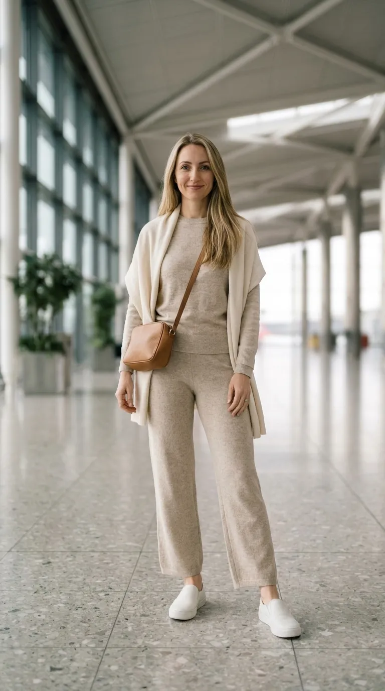 Flat lay of a matching oatmeal knit set, white slip-on sneakers, a crossbody bag and a light scarf on a linen surface