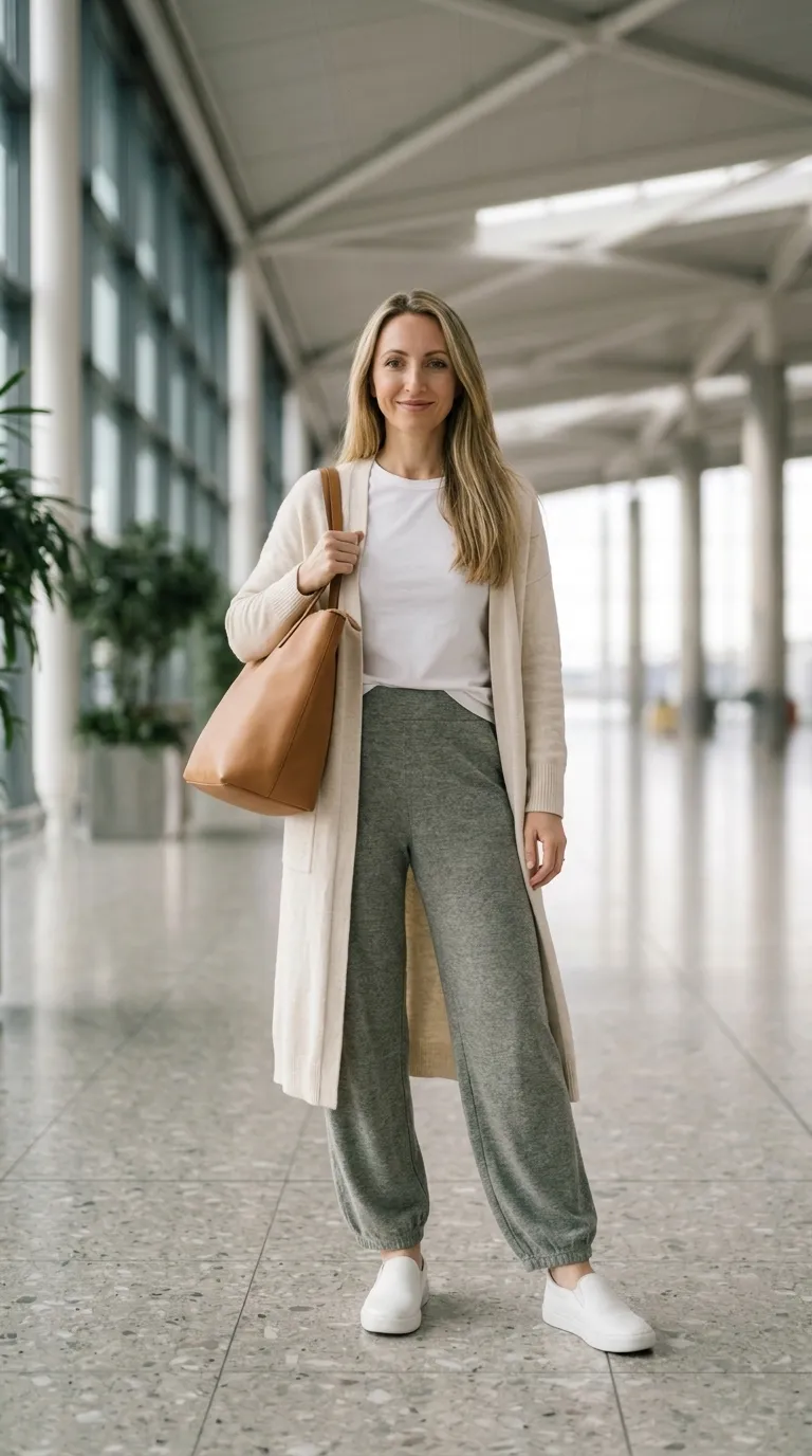 Flat lay of wide-leg gray joggers, a longline oatmeal cardigan, a white tee and tan sneakers on a linen surface