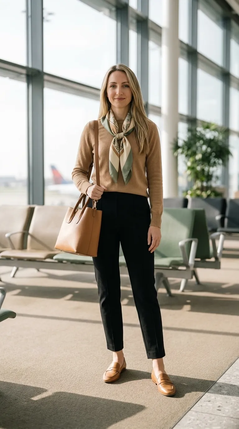 Overhead flat lay of black ponte trousers, a camel merino sweater, tan leather loafers and a structured tote on a light linen surface