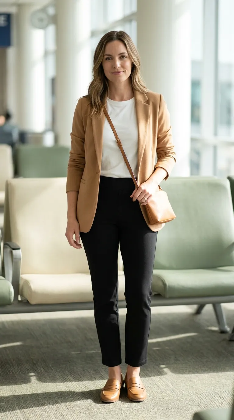 Overhead flat lay of a drapey camel blazer, a white tee, black pull-on pants, tan loafers and a small leather bag on pale wood