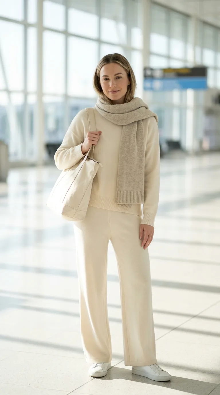 Cream matching knit set with white leather sneakers and a canvas tote laid flat