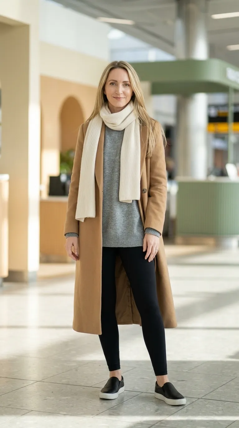 Heather gray crewneck sweater, long camel coat, black leggings, and black slip-on sneakers in a flat lay