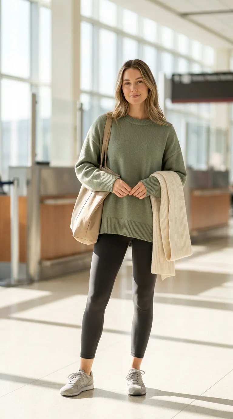 Sage green oversized sweater, charcoal leggings, and white sneakers in a flat lay
