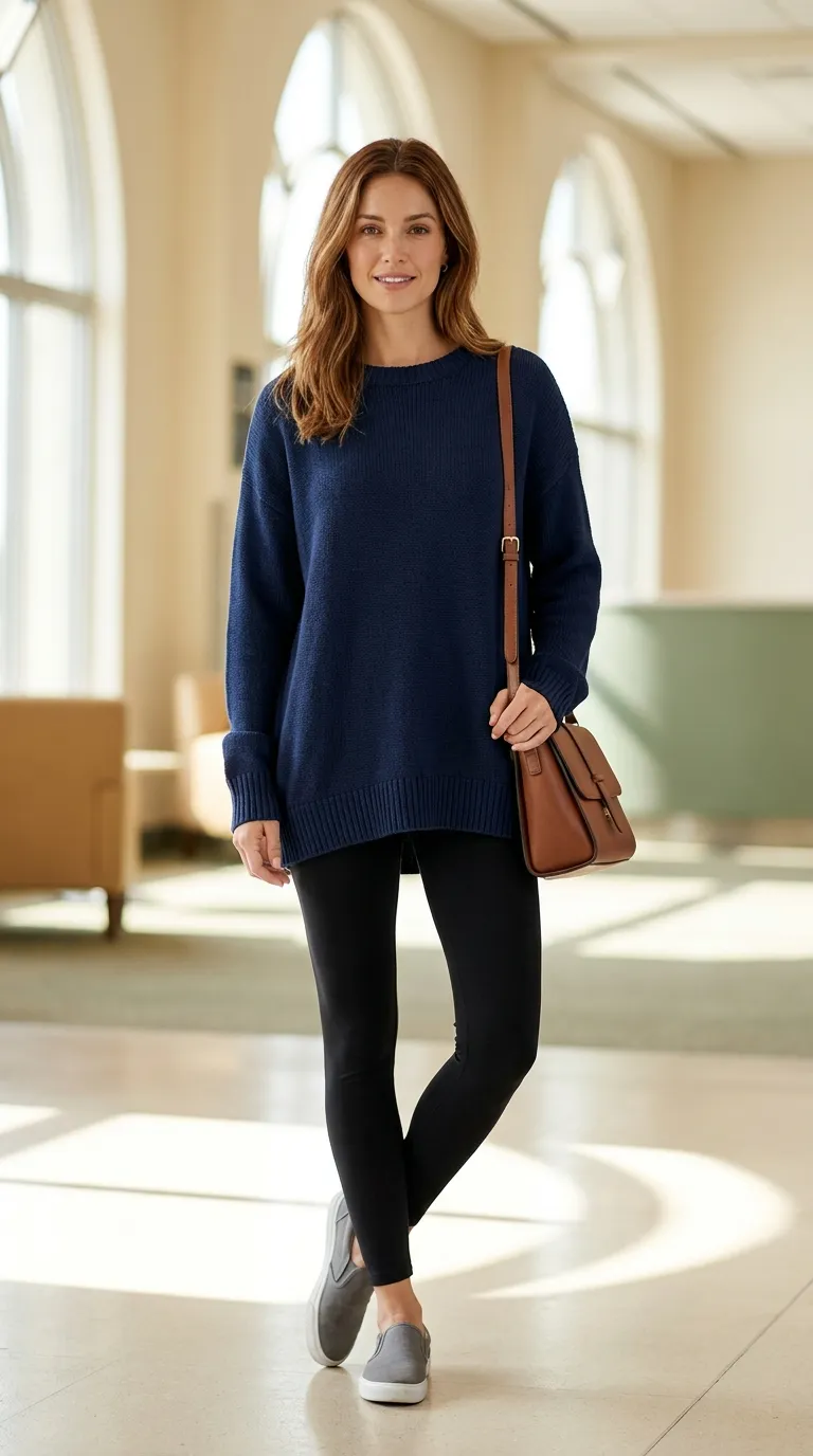 Navy oversized pullover, black leggings, and gray slip-on sneakers in a flat lay