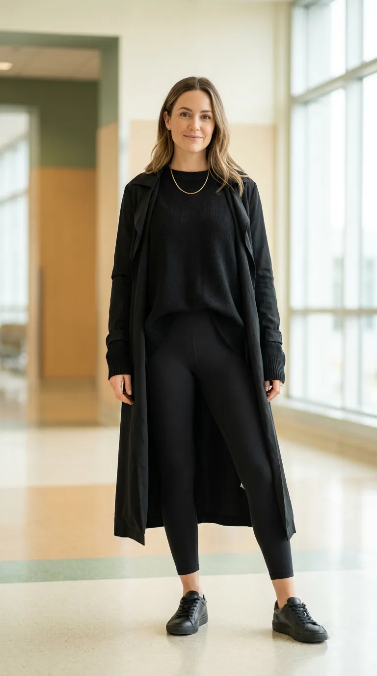 Black oversized sweater, black leggings, long black duster coat, and black sneakers in a flat lay