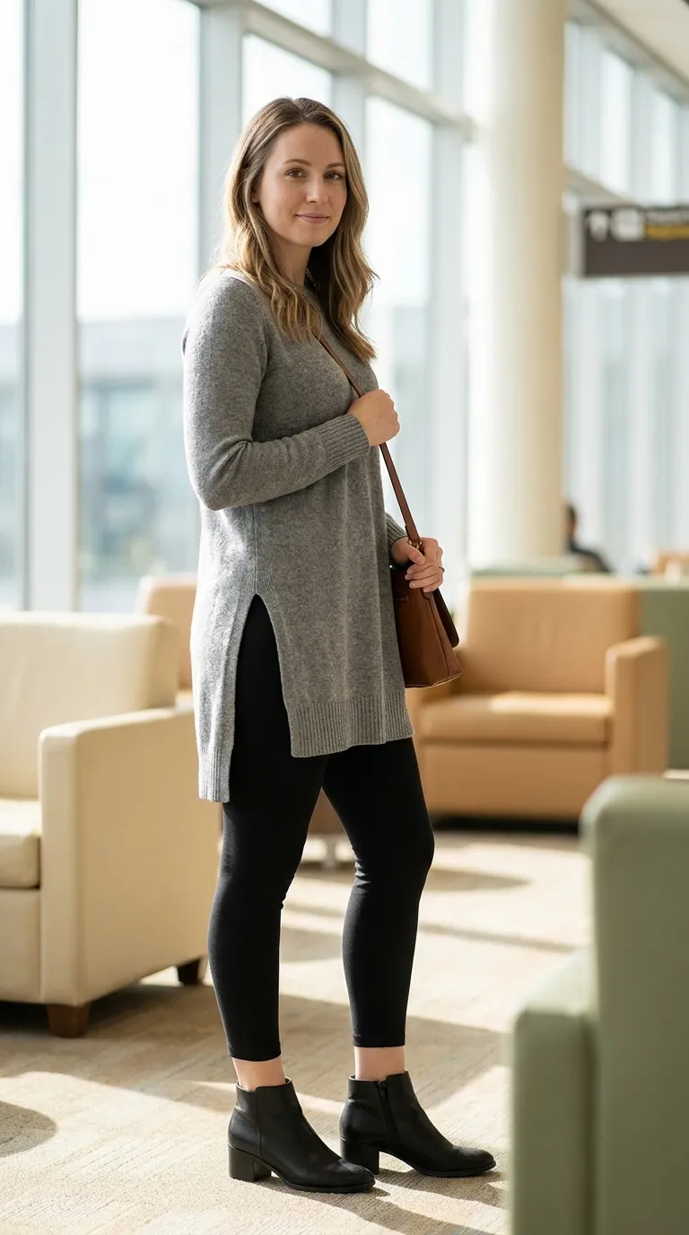 Long gray tunic sweater, black leggings, and low block-heel ankle boots in a flat lay