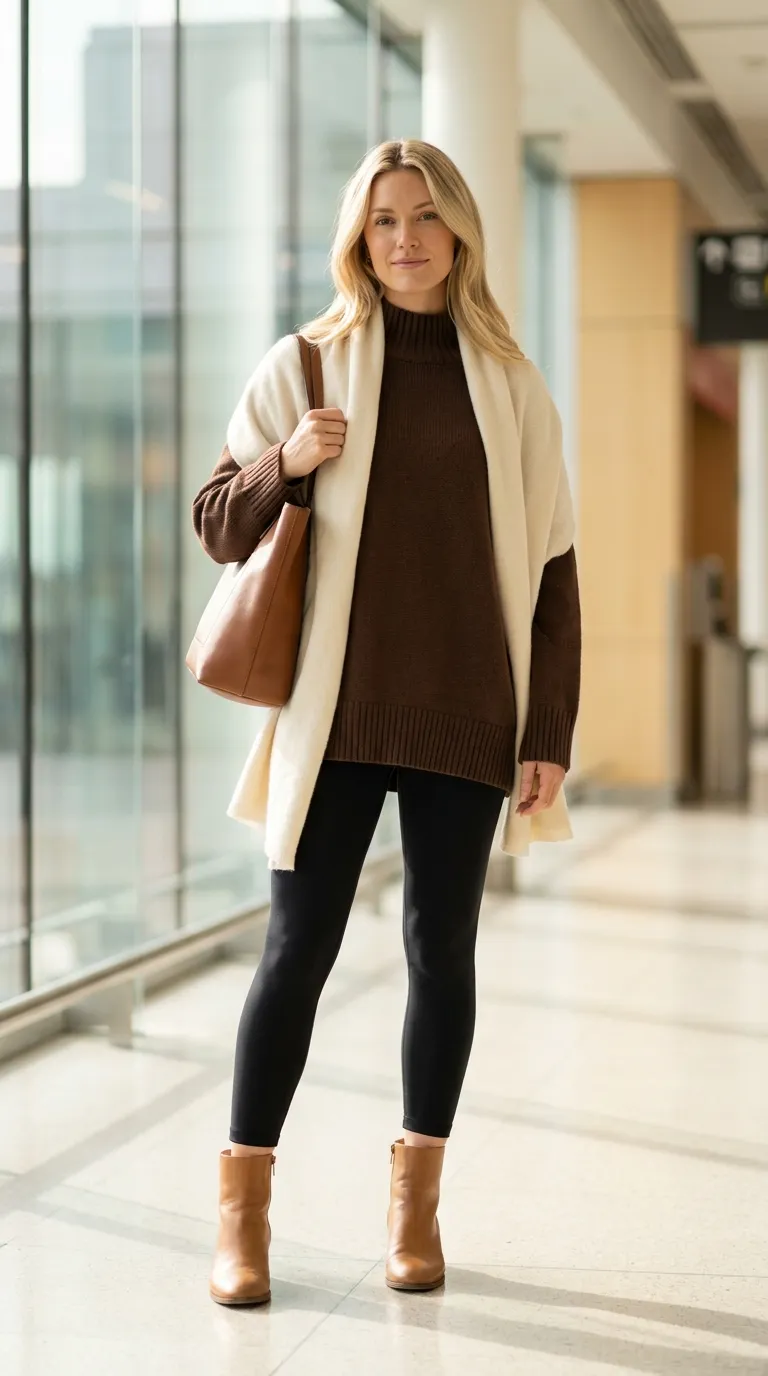 Chocolate brown mock-neck sweater, black leggings, cream scarf, and brown ankle boots in a flat lay