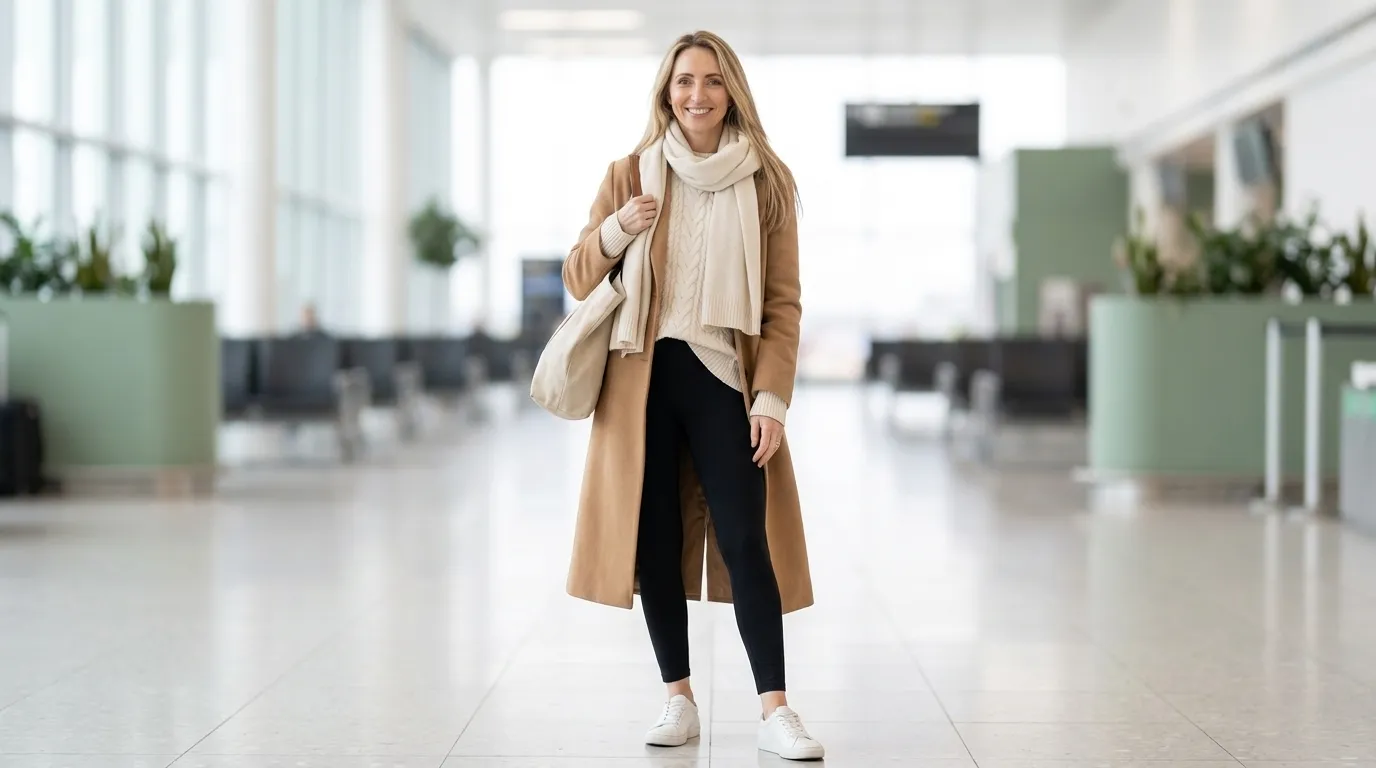 12 Airport Outfits with Oversized Sweaters and Leggings to Wear After 40