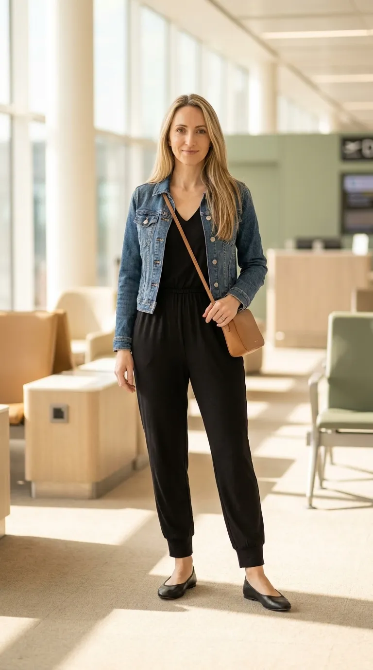 Black soft jumpsuit with a cropped denim jacket, flat shoes and a crossbody bag