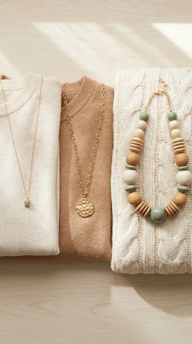 Three necklaces in small, medium, and large scale laid against a folded knit