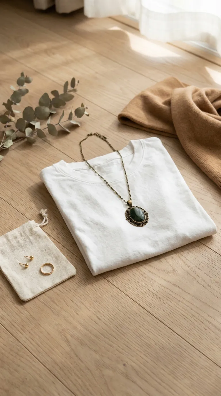 One bold pendant necklace paired with a plain crew-neck tee and small stud earrings