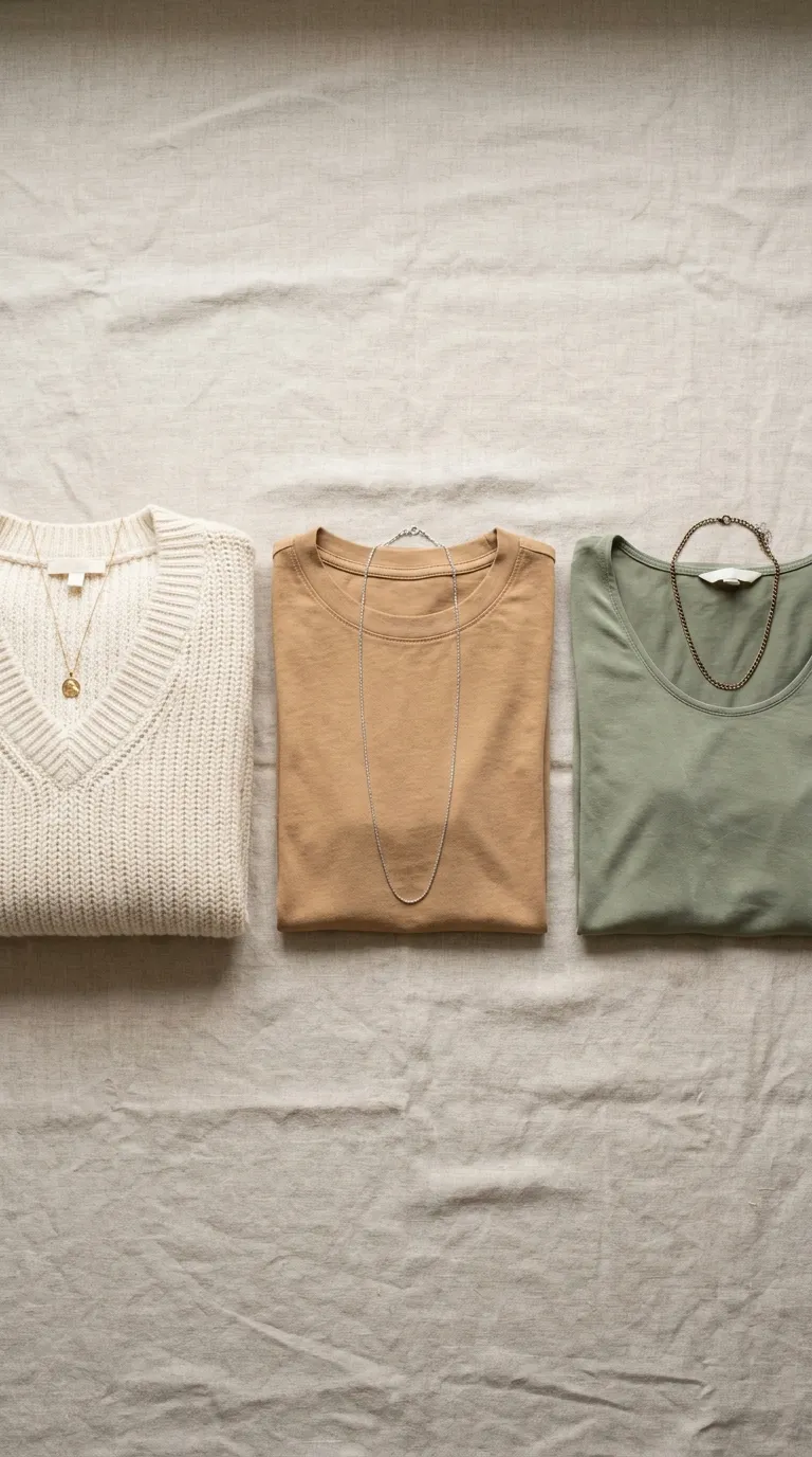 Necklaces arranged beside a V-neck knit, a crew-neck tee, and a scoop-neck top