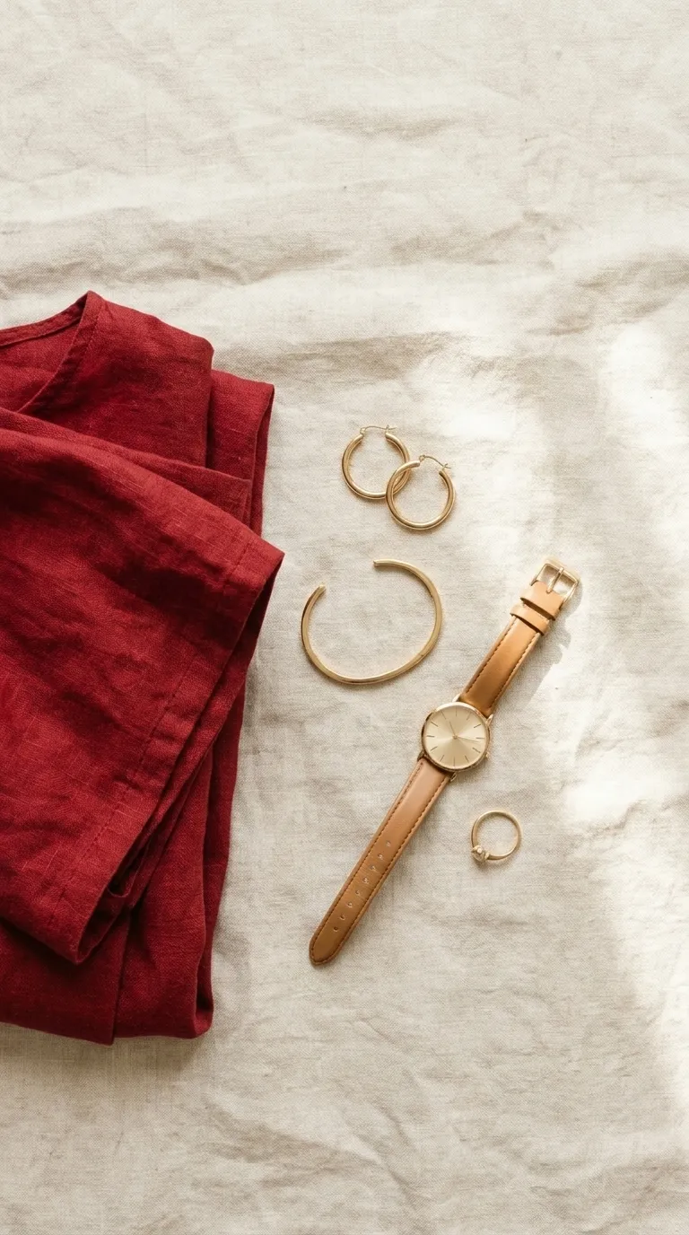 Gold hoop earrings, a slim bracelet and a watch on a linen surface beside folded red fabric