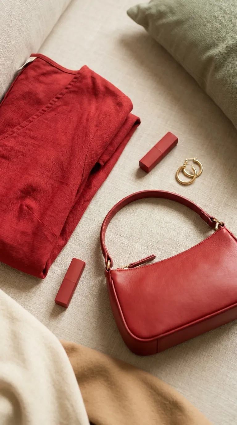 A red lipstick and a small red bag beside a folded red dress on a linen surface