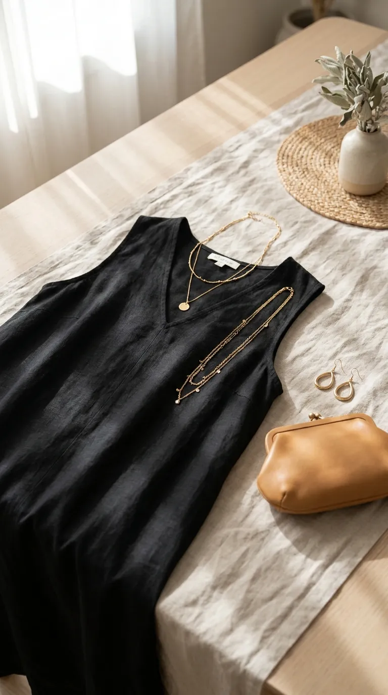 A black V-neck dress laid flat with a short pendant necklace, drop earrings and a leather clutch