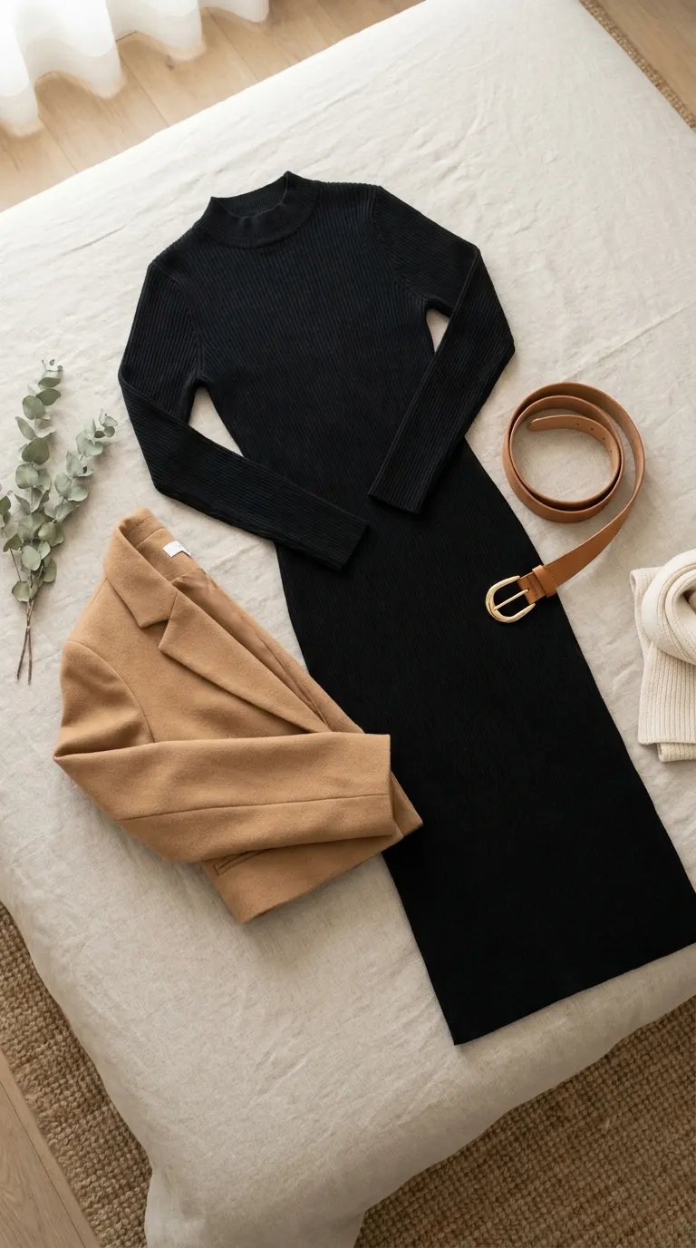 A black dress with a thin leather belt at the waist and a structured camel blazer folded beside it