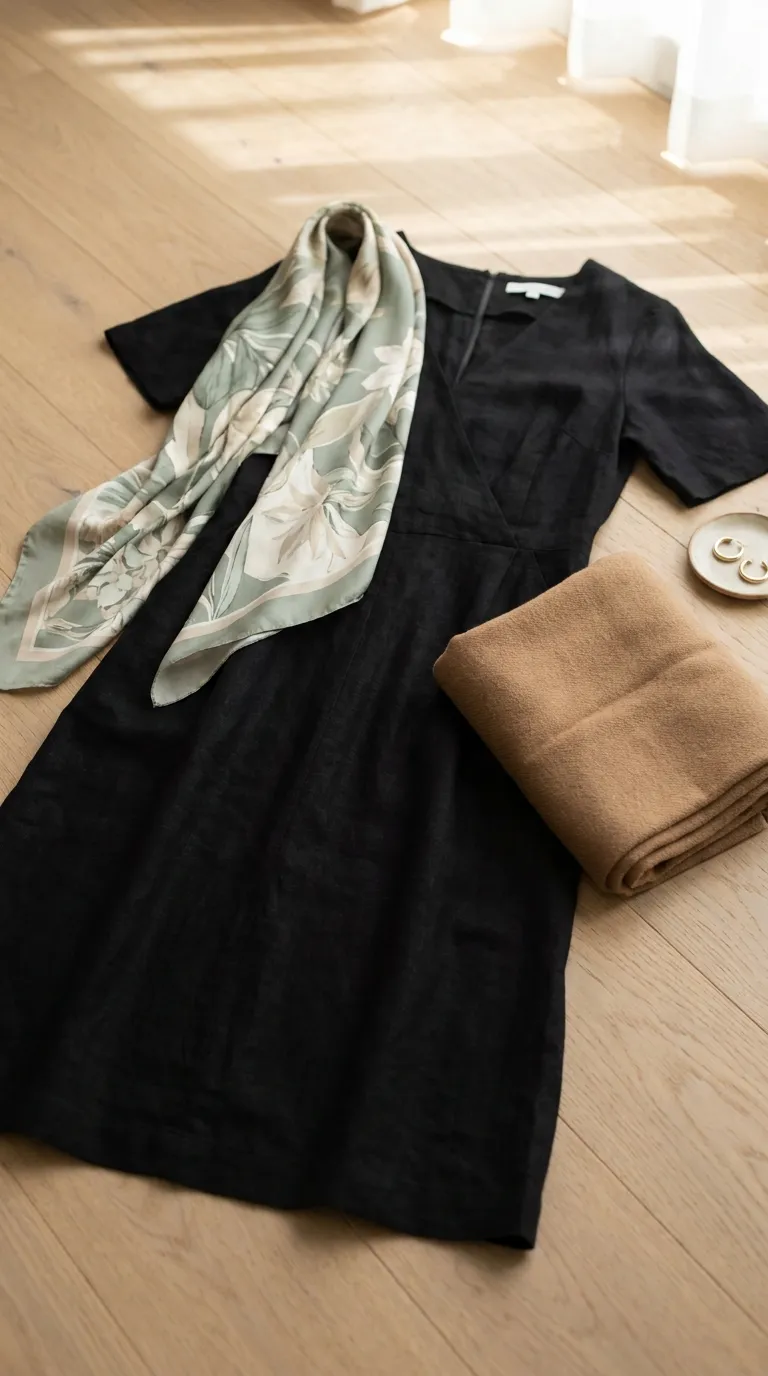 A black dress styled with a printed silk scarf in sage green and cream, plus a pair of simple earrings