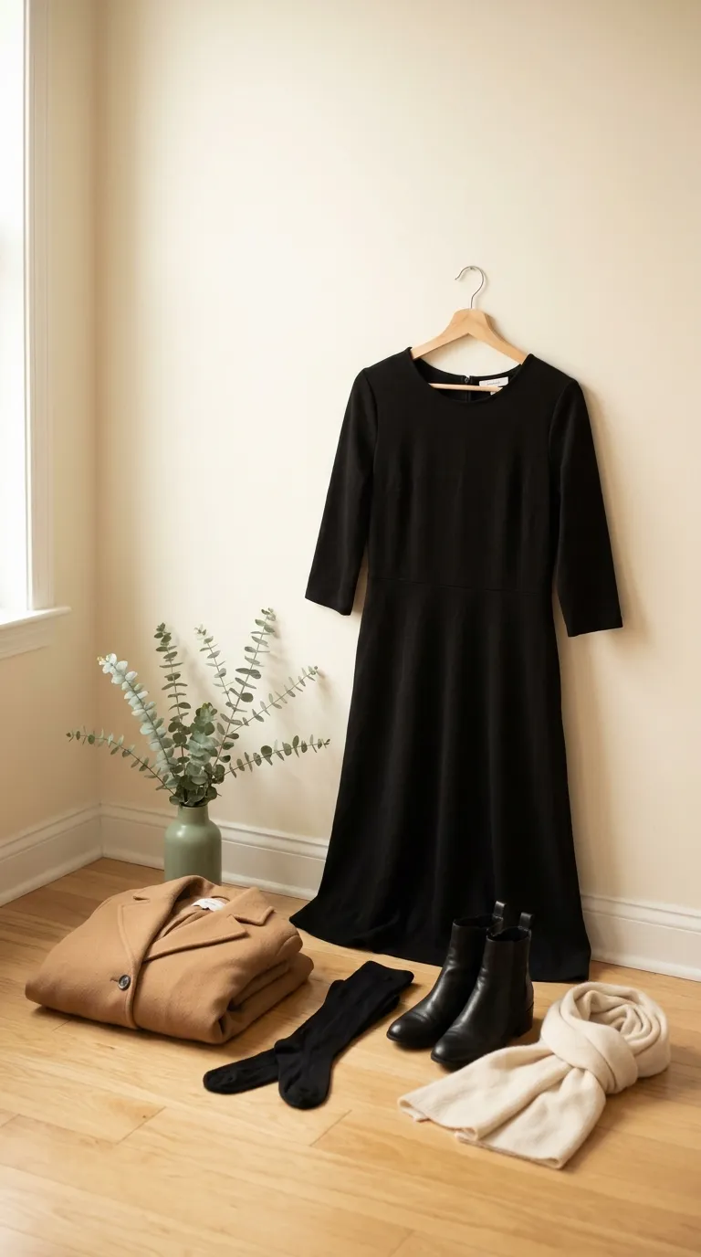 A black dress layered with opaque tights, ankle boots, a wool coat and a soft scarf on a wooden hanger and floor