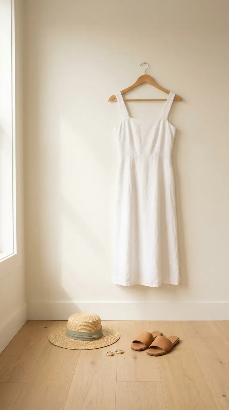 A white midi dress on a wooden hanger with a straw hat, gold hoop earrings, and tan sandals arranged beside it