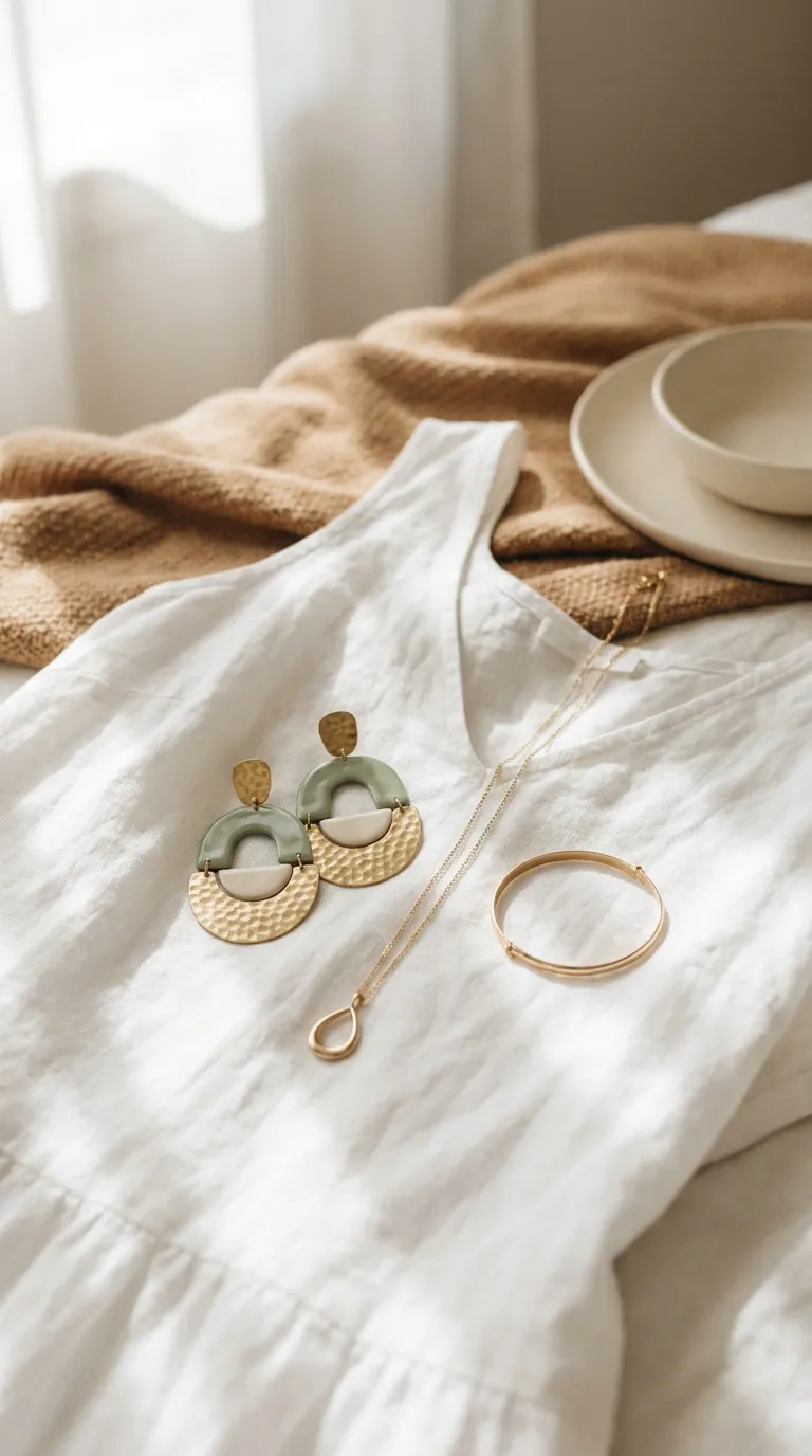 Statement earrings, a pendant necklace, and a thin gold bracelet laid out on a white linen dress