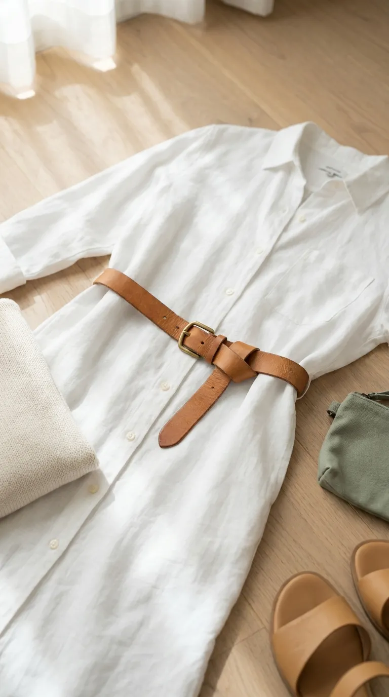 A white shirt dress with a tan leather belt and a small brass buckle laid flat on a light wood floor