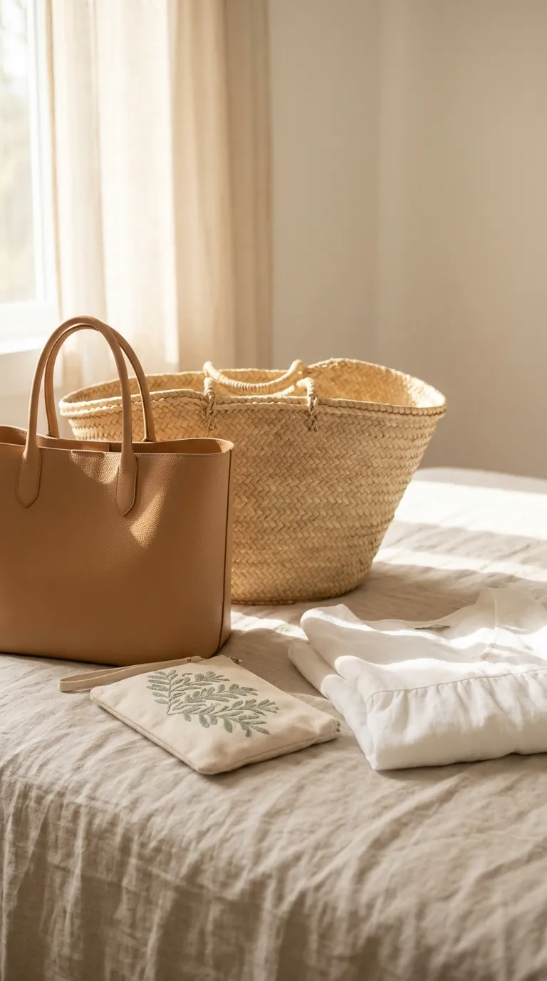 A tan structured leather bag, a woven straw tote, and a small clutch on a linen surface next to a folded white dress