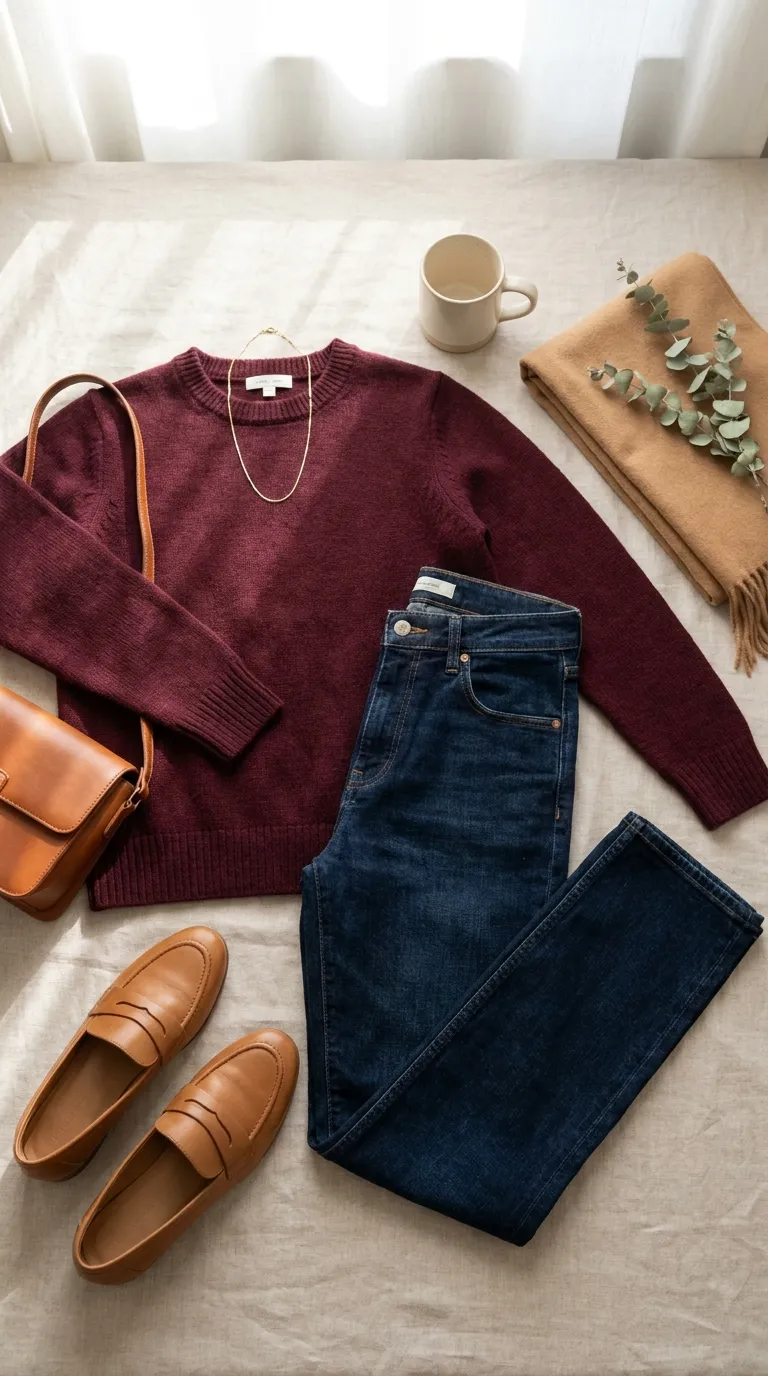 Flat lay of a burgundy crewneck sweater with dark straight-leg jeans, tan loafers and a structured bag