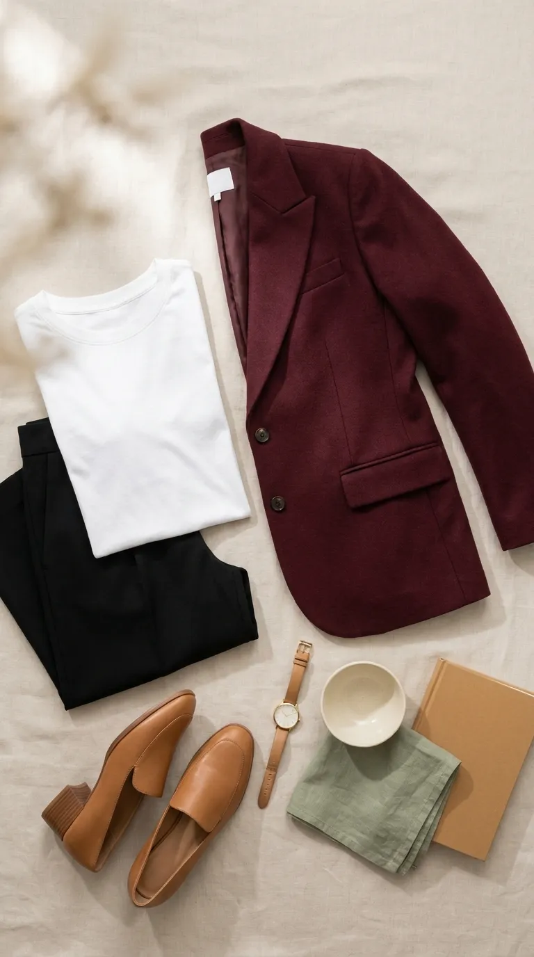Flat lay of a burgundy blazer, white tee, black wide-leg trousers and block-heel loafers