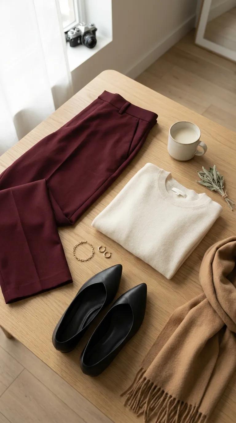 Flat lay of burgundy tailored trousers, ivory knit sweater, black pointed flats and a gold bracelet