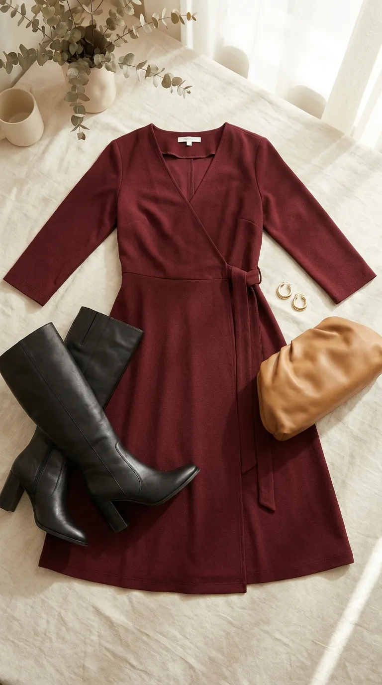Flat lay of a burgundy wrap dress, black knee-high boots, a camel clutch and gold earrings