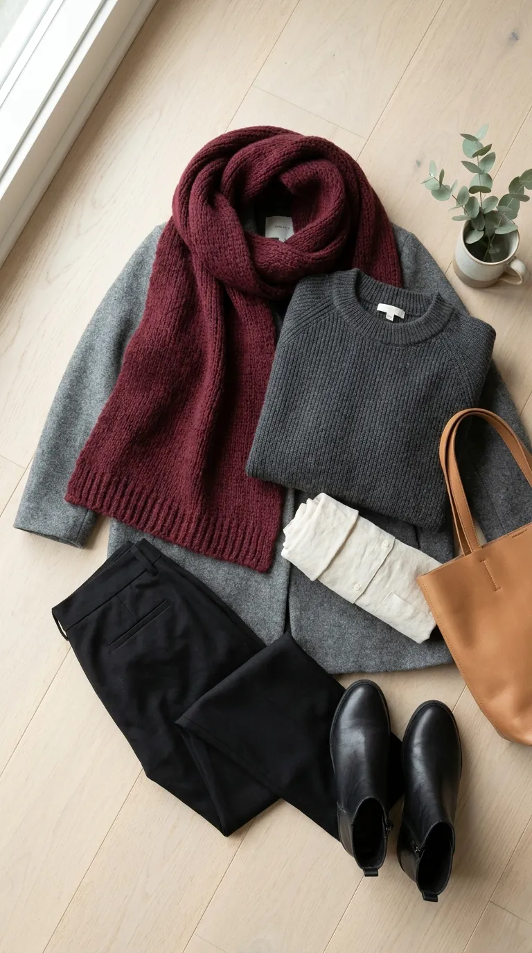 Flat lay of a burgundy wool scarf, charcoal sweater, gray wool coat, black trousers and black ankle boots