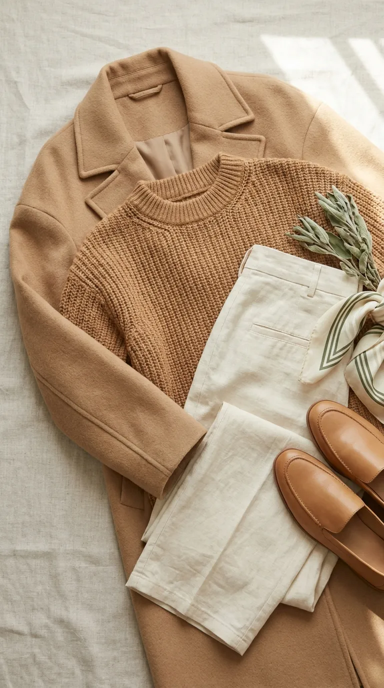 Camel wool coat, caramel knit sweater, cream trousers, and tan leather loafers arranged as a layered fall outfit