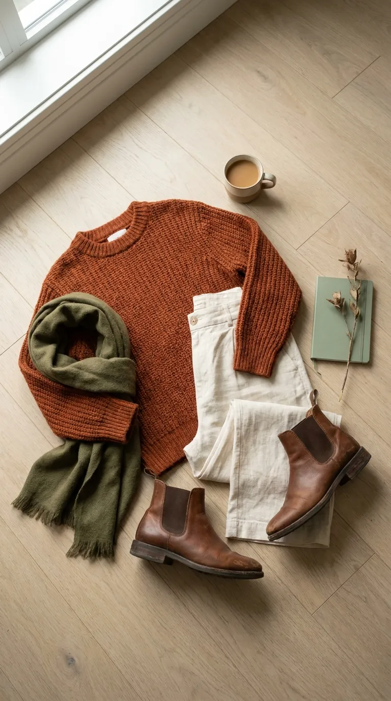 Rust knit sweater, cream wide-leg trousers, olive scarf, and brown leather boots arranged as a fall outfit
