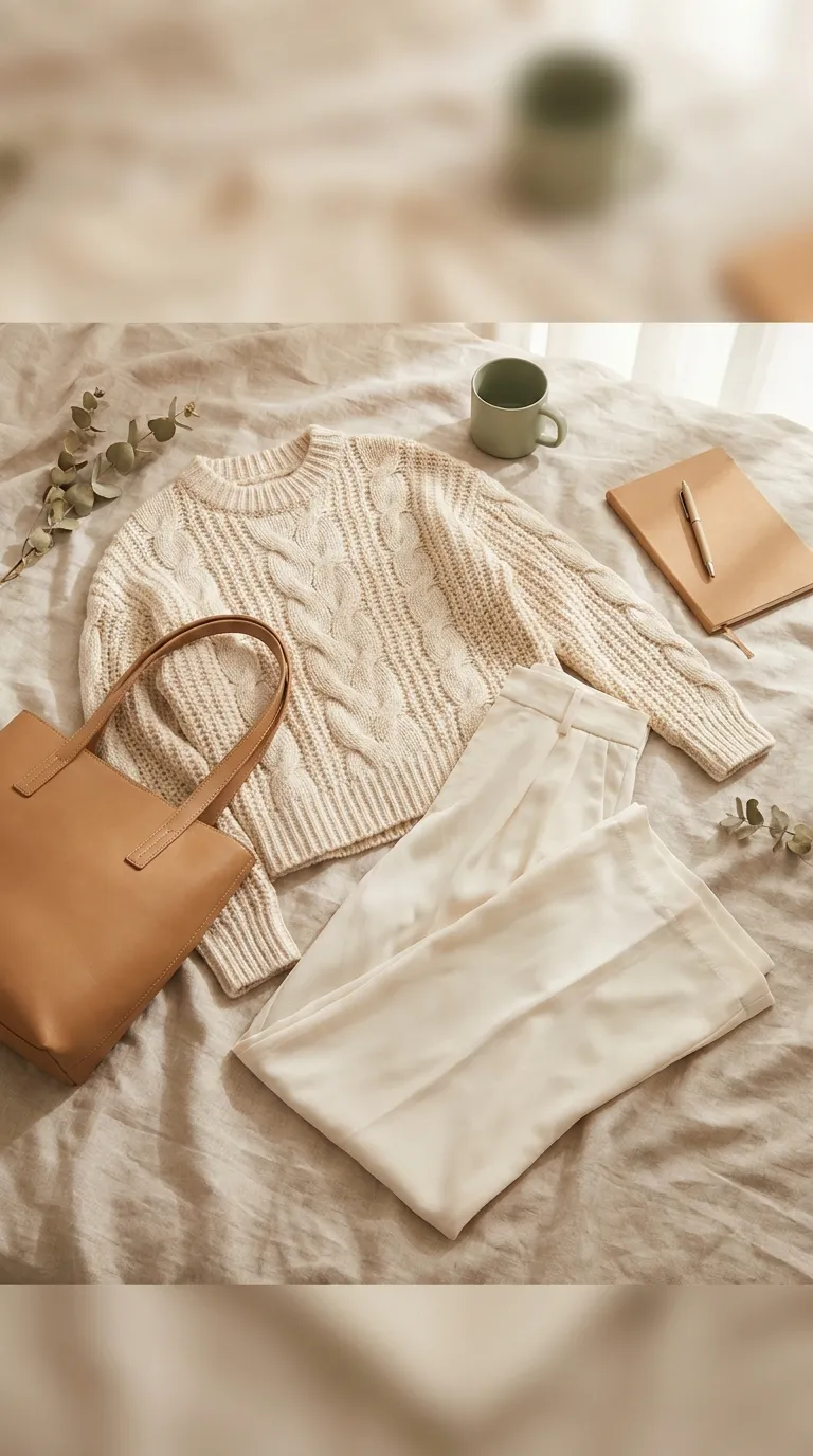 Cream cable-knit sweater, ivory wide-leg trousers, and a tan leather bag arranged on a light surface