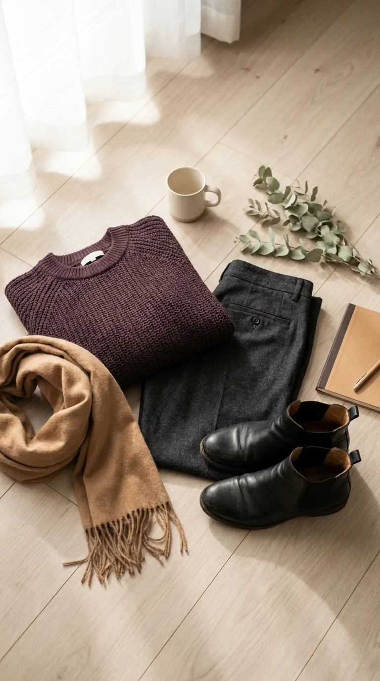 Deep plum knit sweater, charcoal trousers, and a camel scarf arranged with black leather ankle boots