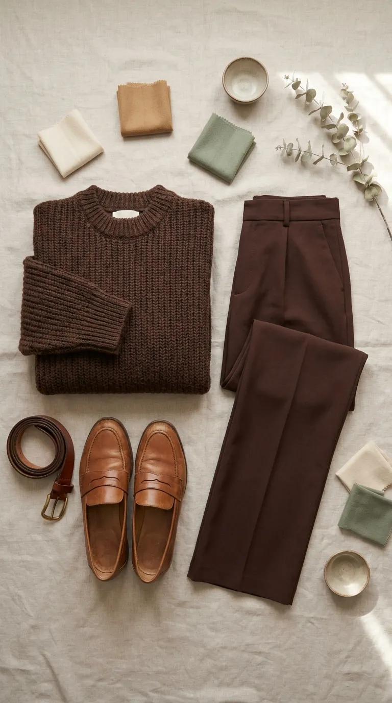 Chocolate brown knit, wide-leg trousers, and tan leather loafers laid flat on a linen surface