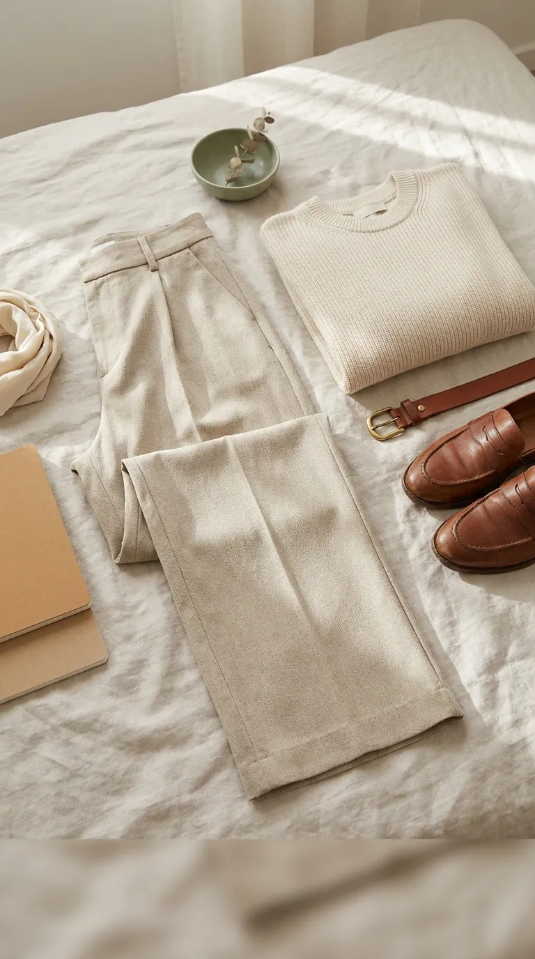 Relaxed wide-leg trousers with a fitted knit, leather loafers, and a belt laid flat
