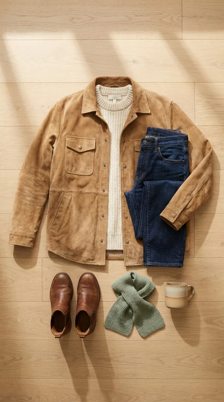 A tan suede jacket over a cream knit, dark jeans, and ankle boots laid flat on a wooden floor