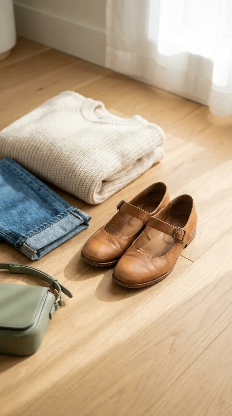 A pair of leather Mary Jane flats beside cuffed jeans and a cream knit on a light wood floor