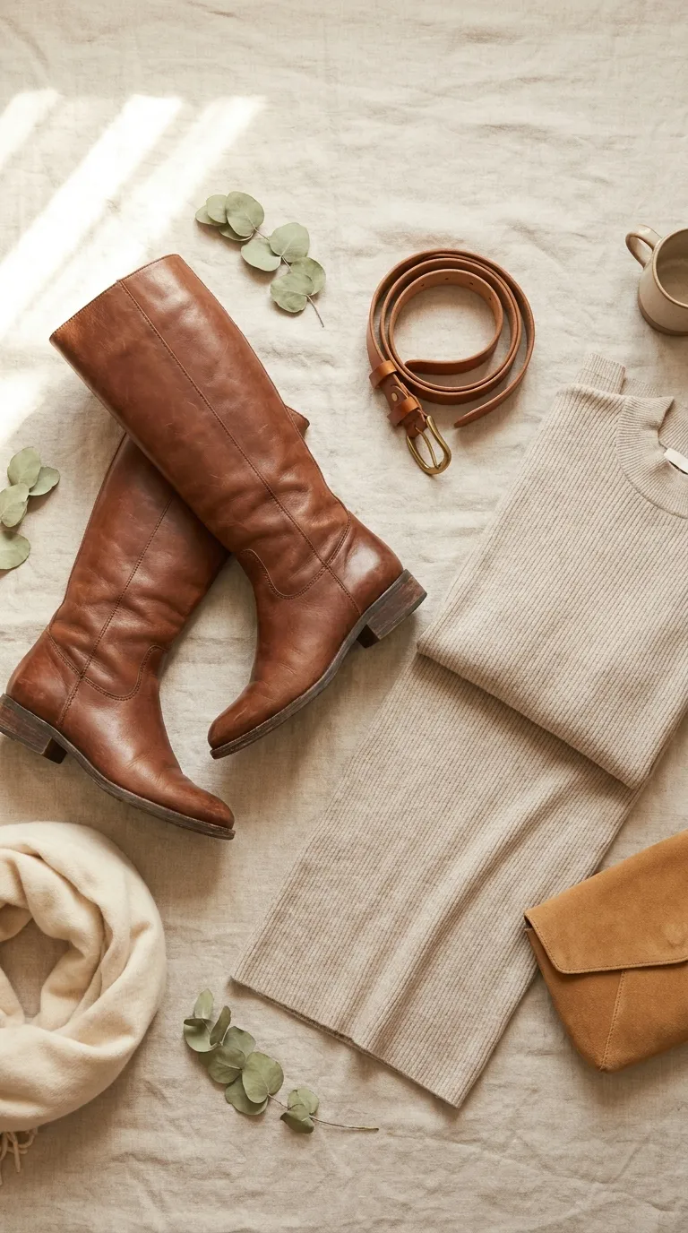 Brown leather knee-high boots with a knit dress and a leather belt laid flat on linen