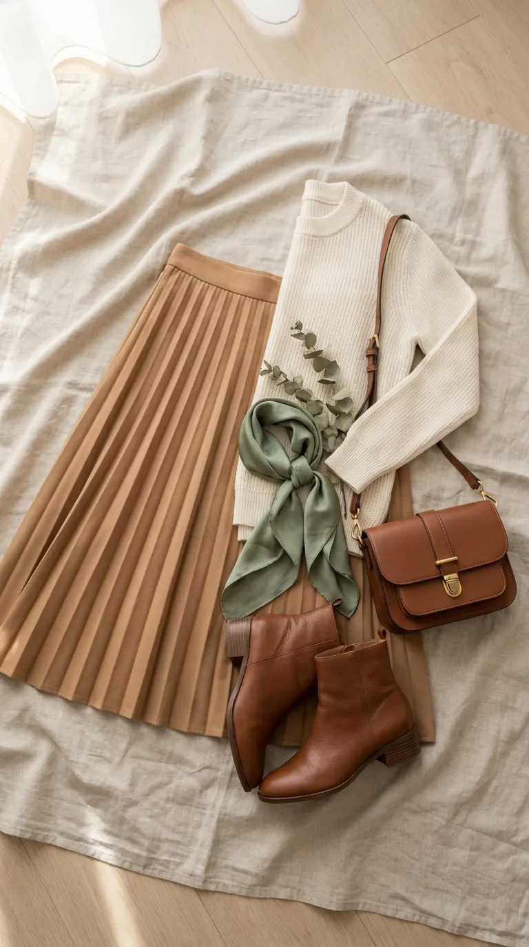 A pleated midi skirt, a fitted knit, and ankle boots laid flat on a linen surface