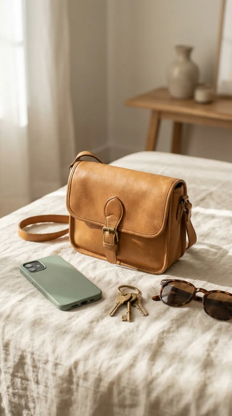 Tiny leather shoulder bag beside a phone, keys and sunglasses on a linen surface