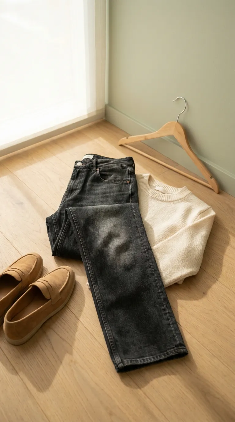 Dark straight-leg jeans with subtle fading, a cream sweater and loafers on a light wood floor