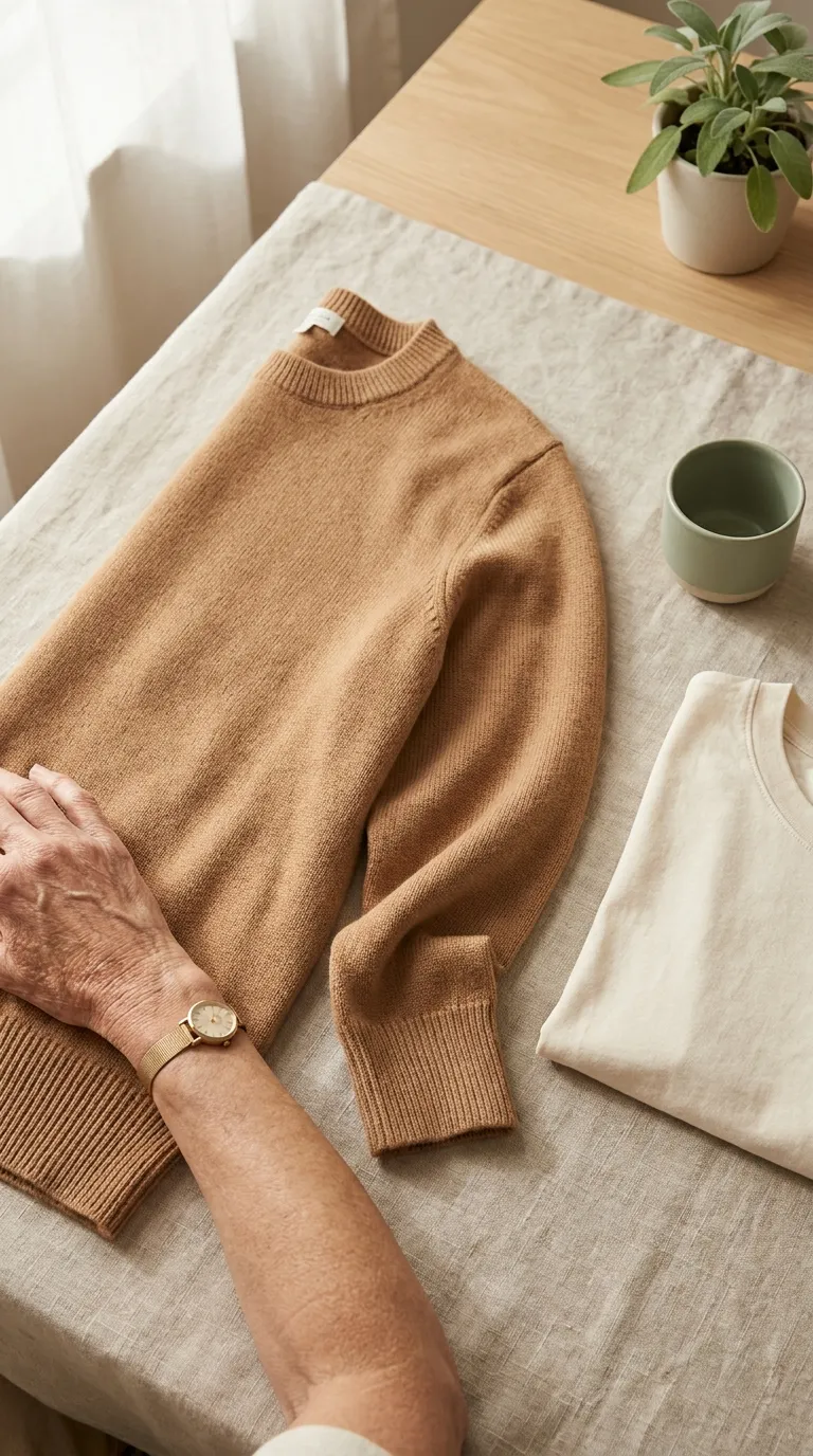 Folded camel merino crew neck sweater on a light wooden surface