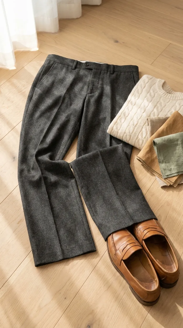 Charcoal straight-leg wool trousers folded over a wooden chair next to a cream knit