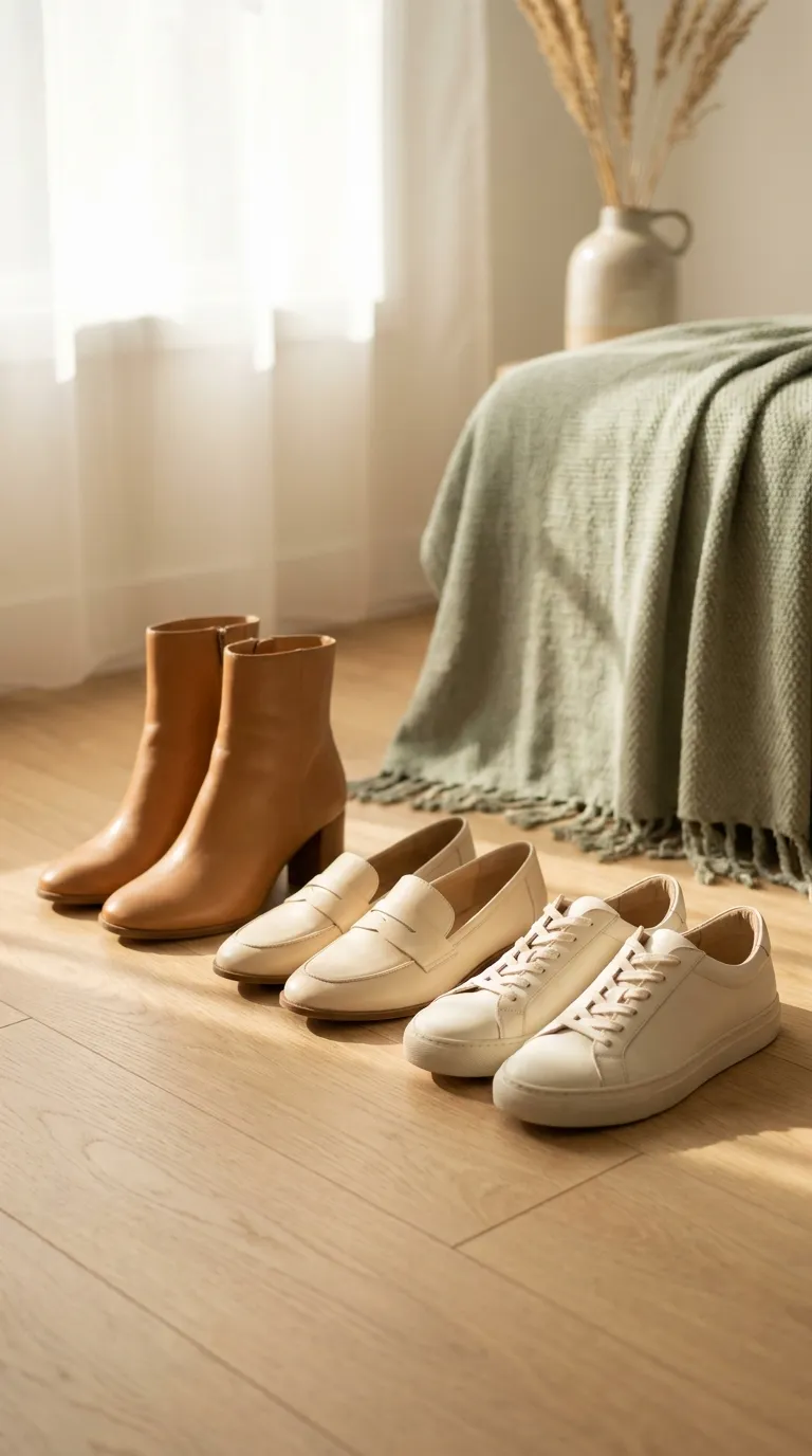 Tan leather ankle boots with a block heel on a light wood floor next to a folded cream knit